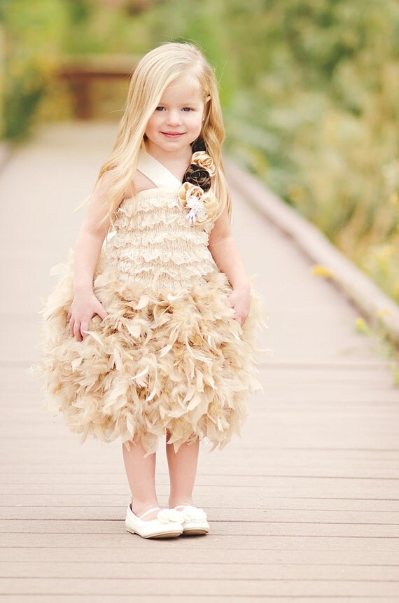 Luxurious Champagne Rosette Feather Dress-feather, dress, vintage, couture, chandelle, rosette, crochet