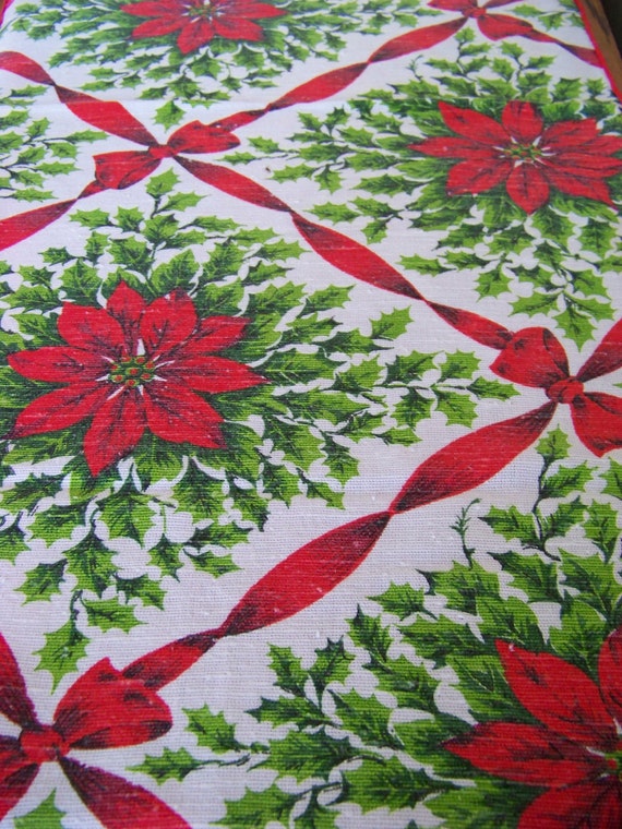 Vintage Christmas Table Runner With Poinsettias And Holly Leaves
