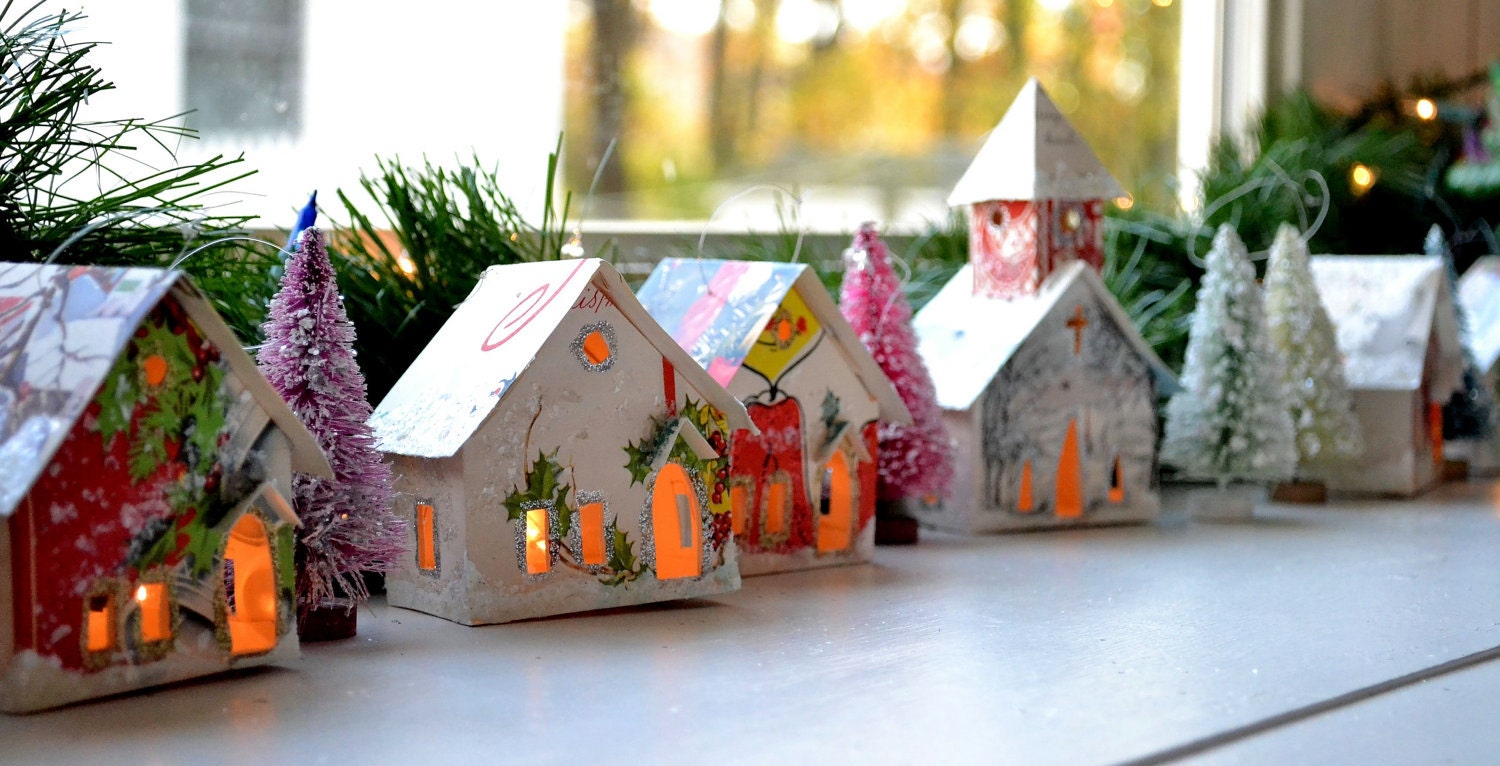 Create Your Own Putz Glitter House Village / Onaments that Light Up / Handmade from Vintage Christmas Cards