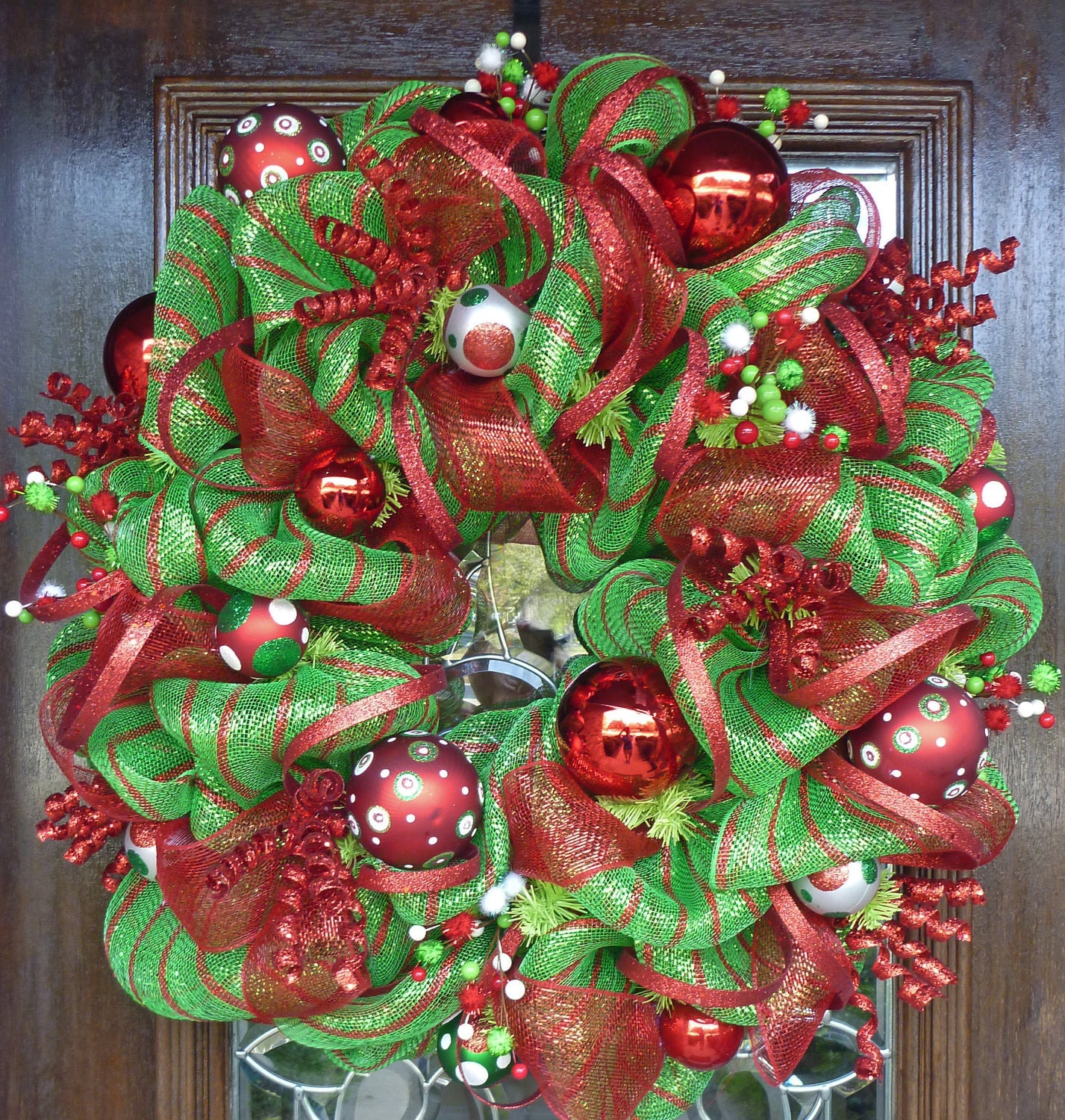 LIME GREEN and RED Deco Mesh Christmas Wreath