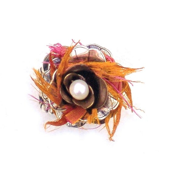Boho Cocktail Ring Pink Orange Sari Silver by Catherine Jeltes from etsy.com