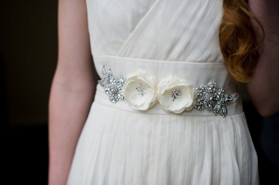 NEW Handmade Floral Bridal Sash in Ivory or White with Lots of Sparkling Rhinestones