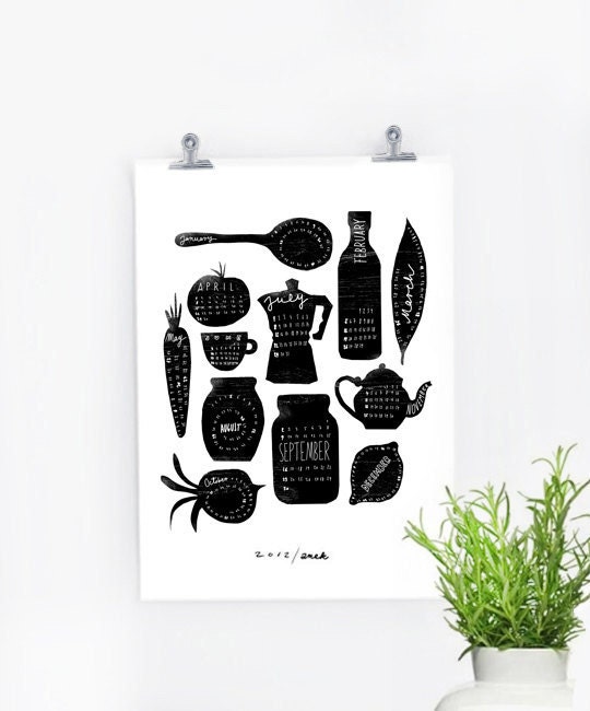 2012 Calendar - Anek Kitchen Art Print - 11x15" - Black and white