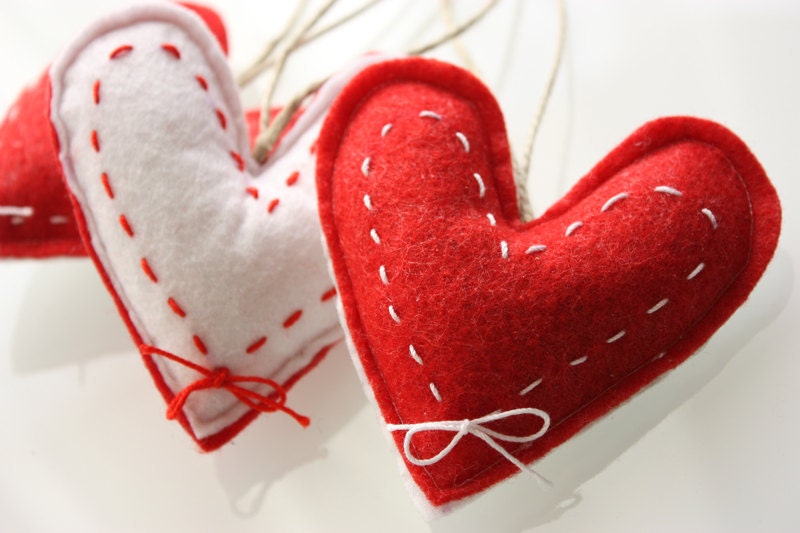Set of three Red heart Christmas Ornament, Felt Lavender Sachet, Christmas Decoration