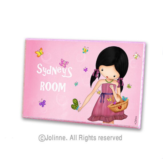 Personalized door plaque hanger for children , custom sign girl with butterflies , girls room or nursery original illustration