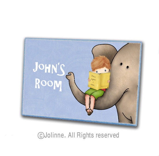 personalized children name door sign , kids room art, custom made, Elephant , books , boys room , kids door hanger