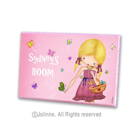 Personalized girls door sign room decor , butterflies illustration kids door hanger wall decor, nursery art child decor