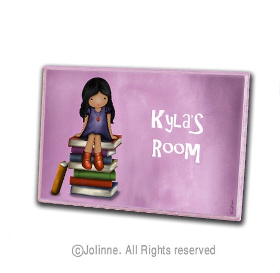 Girl on books purple personalized children door plaque sign, ready to hang, kids art decor, baby room custom sign