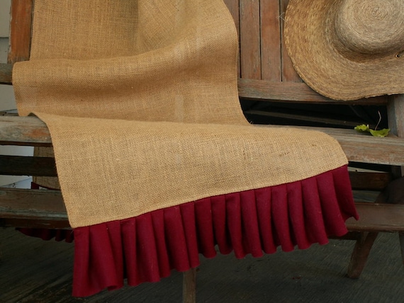 Christmas Holiday  Burlap Table Runner with Red Felt Pleated Ruffle
