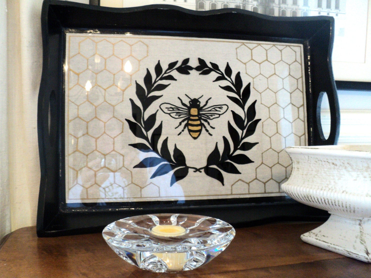 Reverse Glass Painted Bee Tray