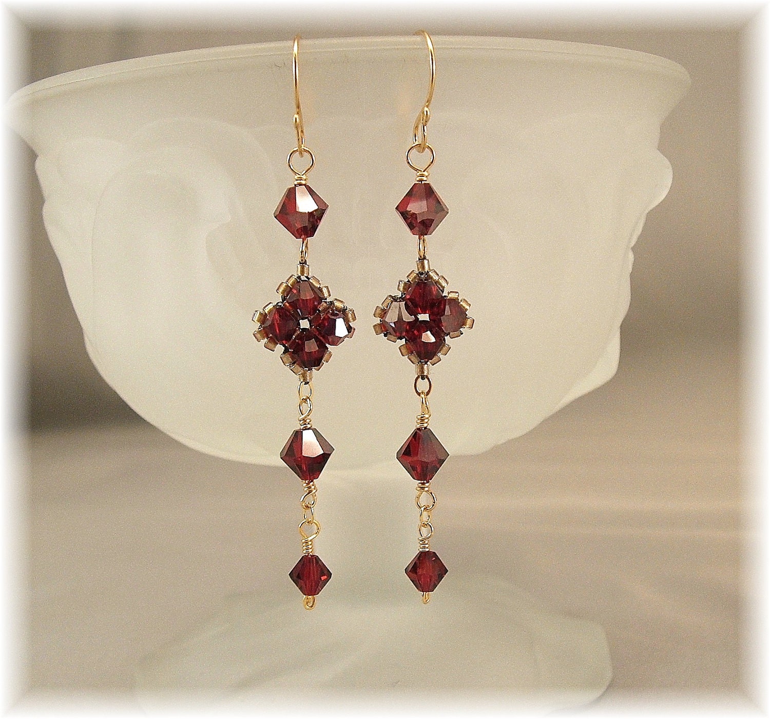 Deep Red Geometric Long Dangle Earrings Red by Handwired on Etsy from etsy.com