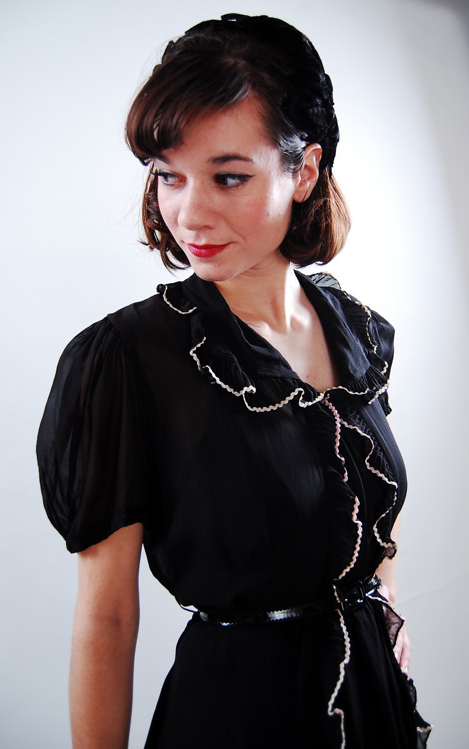 Vintage 1930s Dress - 30s Black Dress - White Ric Rac Ruffles