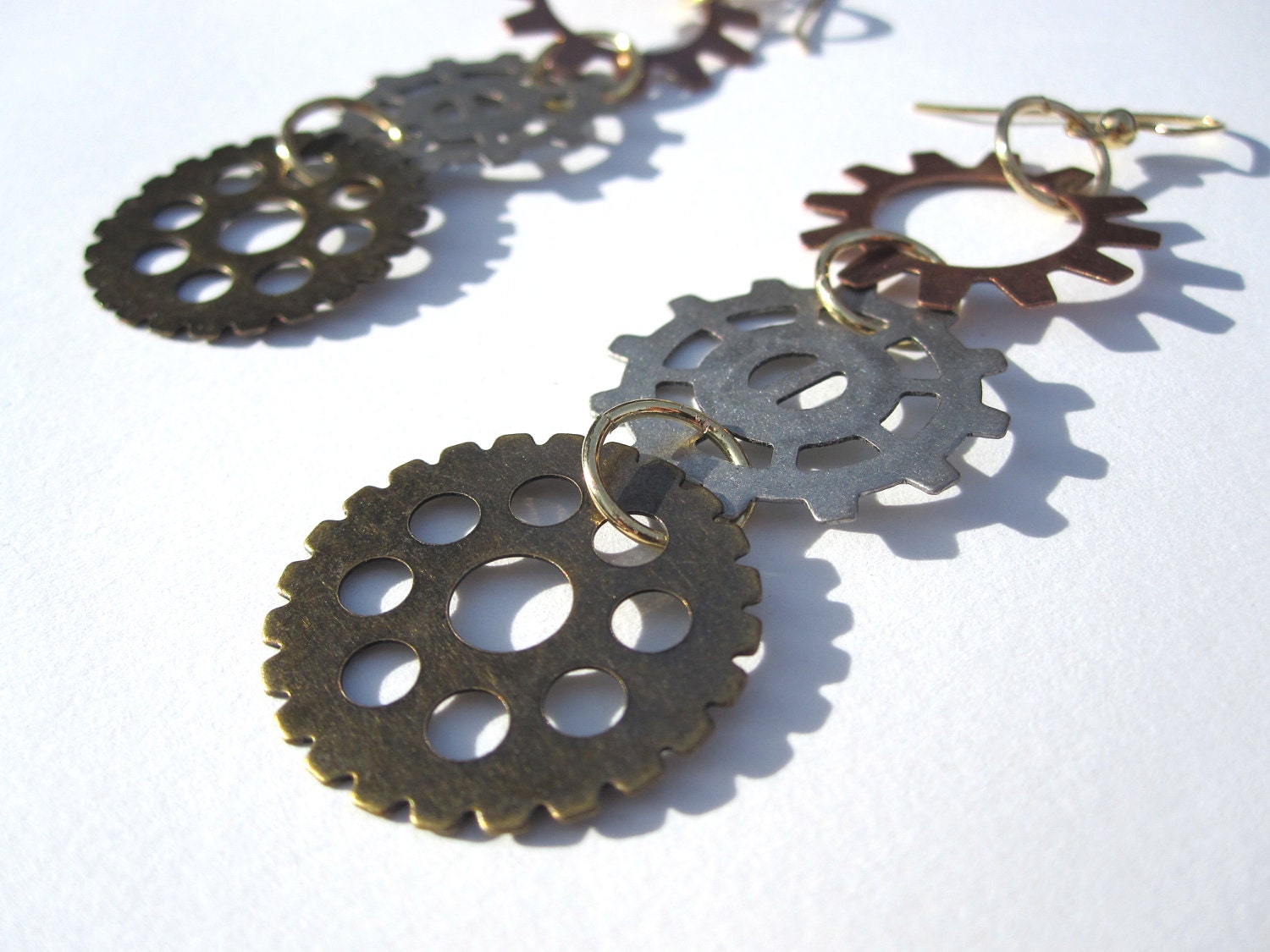 Gold, Copper & Silver Industrial Gears Mixed Metal Chandelier Earrings - Women's Gift