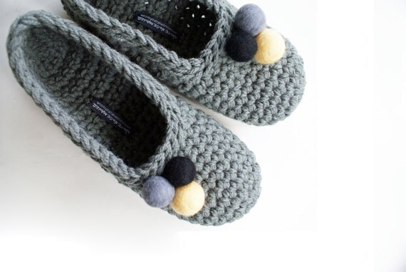 Grey Crochet Slippers With Felted Pom Pom for Women