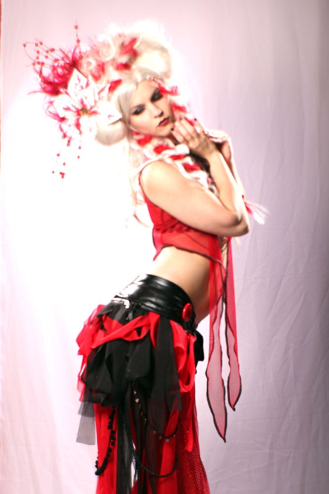 Tattered Doll Bustle Wrap Skirt Gothic Lolita Belly Dance in Black Red Fantasy Noir Steampunk Carnival Performer