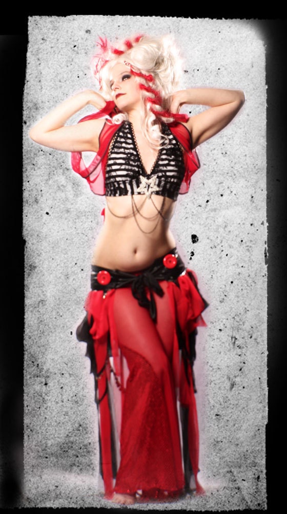 Goddess Halter Bra Top Belly Dance Carnival Pirate Stripes Black White Lace drippy black chain Rhinestone Star