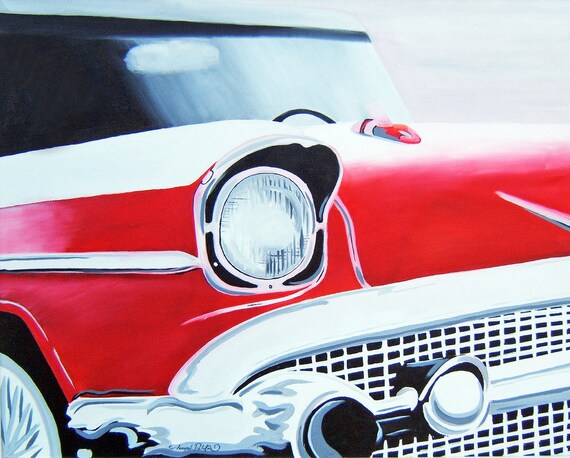 Black Red White and Sliver Vintage Car Original Painting 16x20 On Canvas Ready to Hang Man Cave