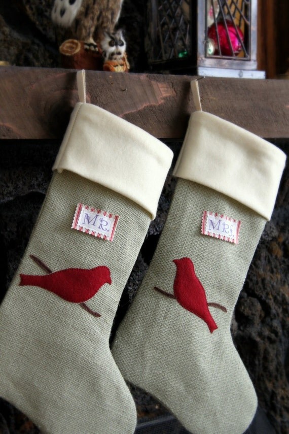 AFTER CHRISTMAS DELIVERY Beautiful Mr & Mrs Burlap Stockings, Red Cardinals on Branch