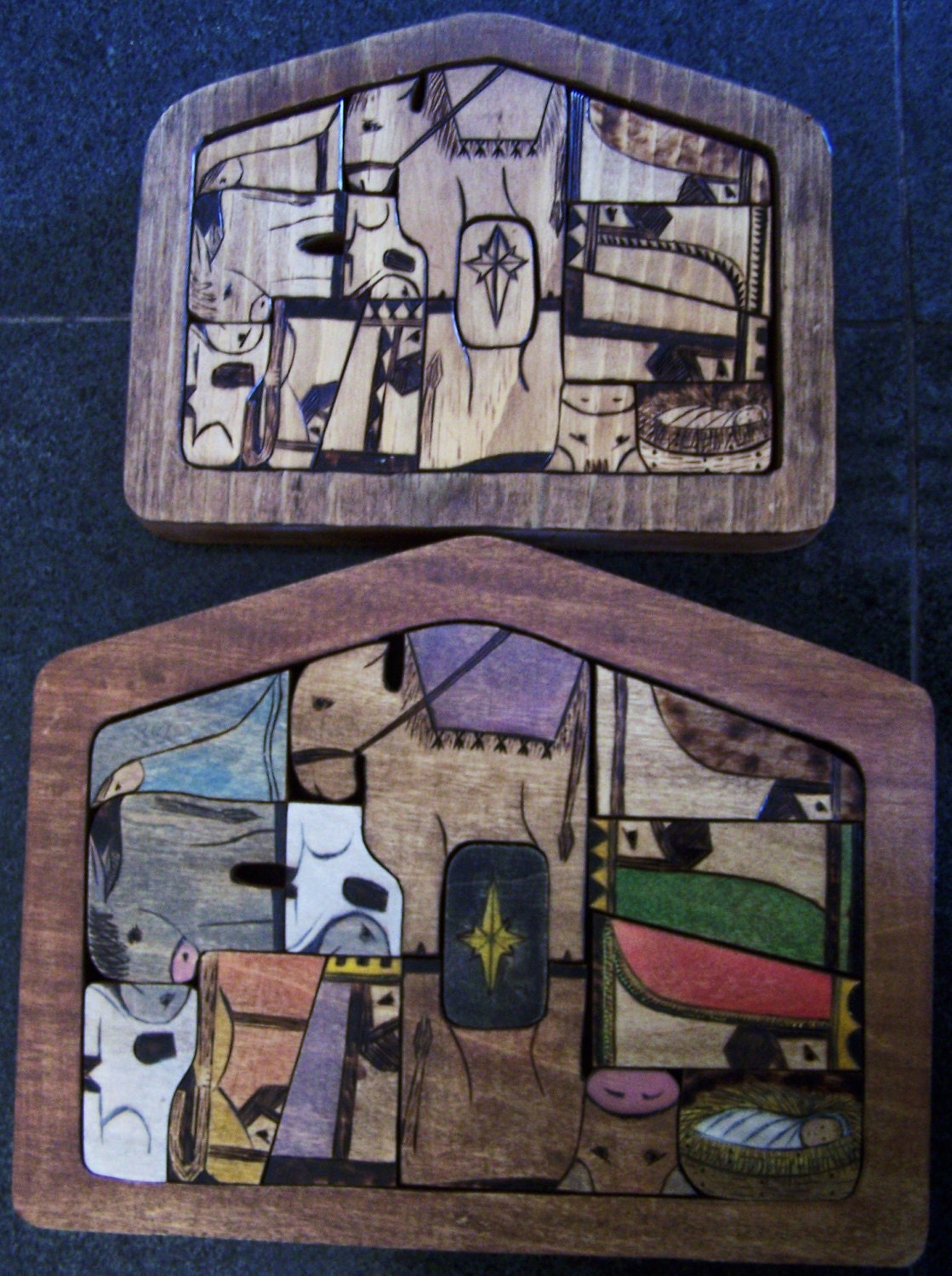 Miniture Nativity puzzle with wood burned design