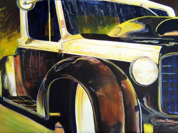 Original 1935 Rat Hot Rod Acrylic Painting Unframed Unstretched Comes Rolled.   Vintage Car Black HUGE 30"x40"