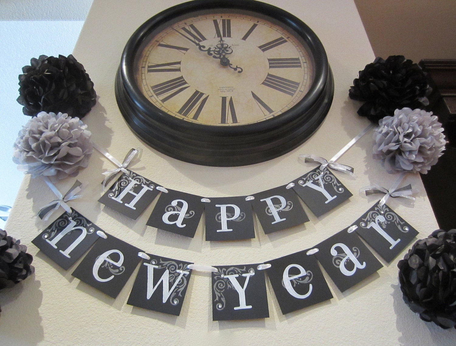 Happy New Year 2012 banner garland decoration wall hanging black and white