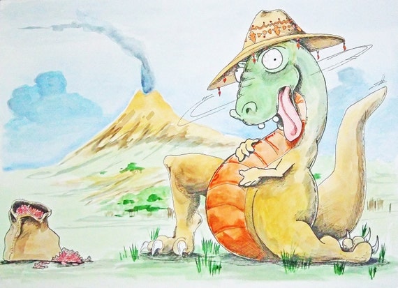 Original Watercolor Painting Page 16 17 from Children's Book Thunderful Dino that Ate too Many Red Beans.