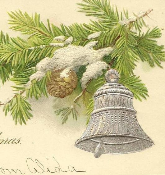 Silver Christmas Bell and Pinecone on Snow Covered Branch - Vintage Christmas Postcard 1905 New Paltz cancel on UDB
