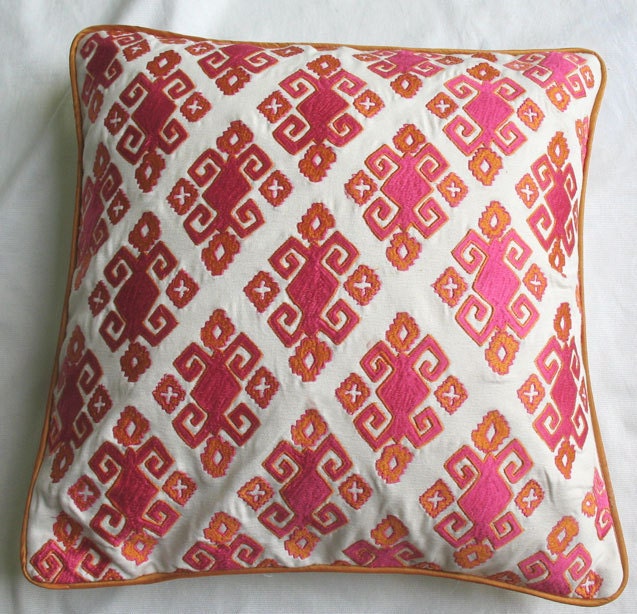 orange fushia pink diamond design on off white throw pillow 18 inch
