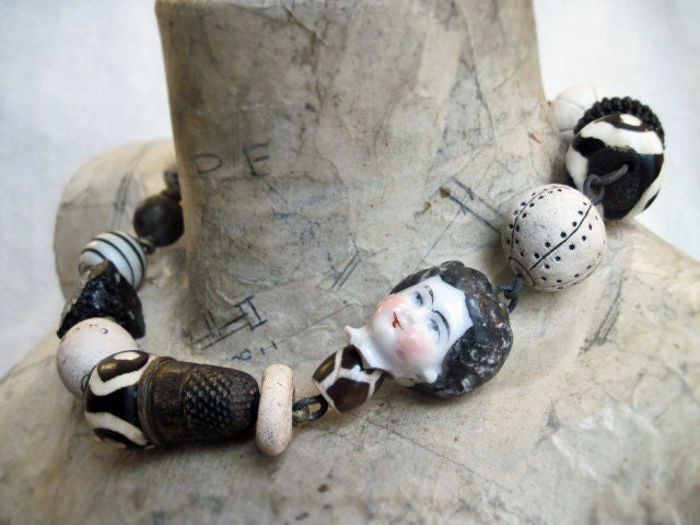 The Longing. Ceramic art beads, frozen charlotte victorian tribal rustic assemblage choker.