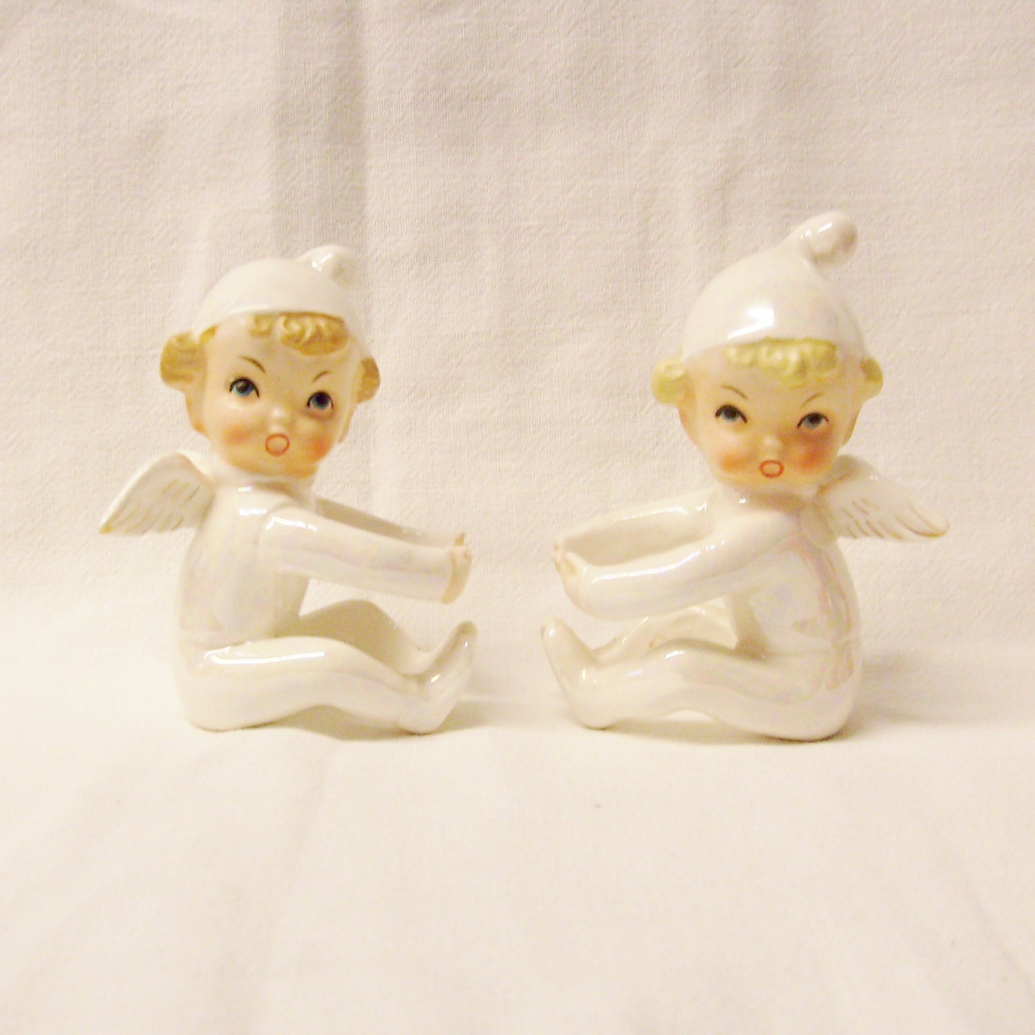 Vintage Christmas pair angel candle huggers candle climbers white lusterware