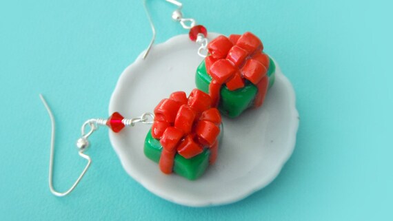 Polymer Clay Miniature Food Jewelry - Christmas Present Holiday Earrings with Swarovski Elements glass beads