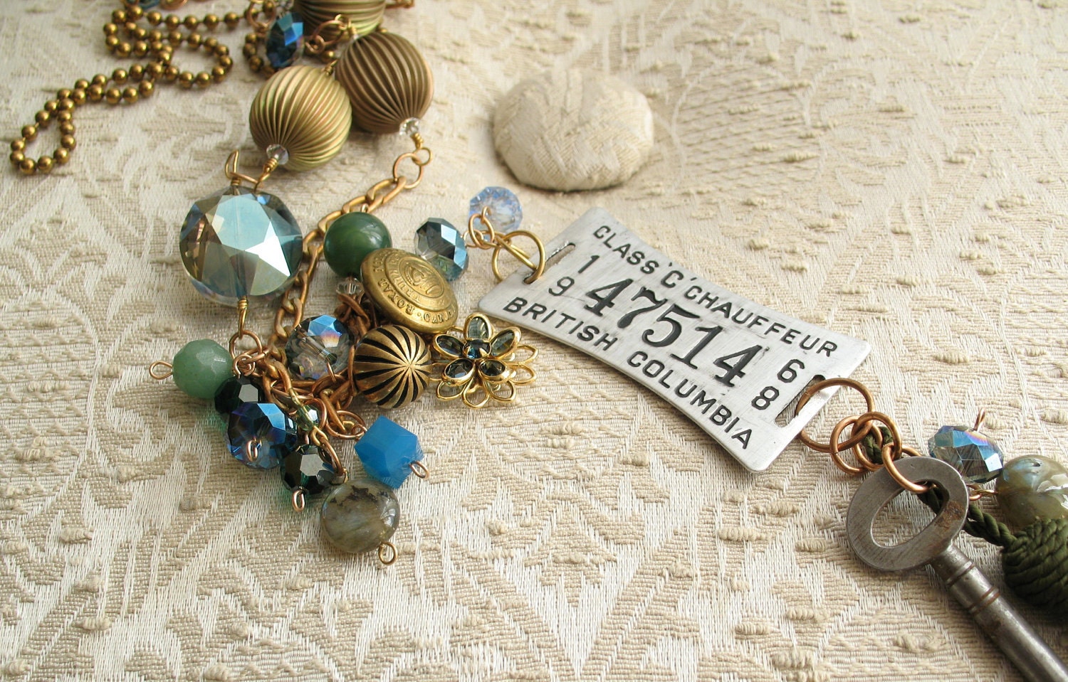 Mom...the Chauffeur-  blue green sparkle brass vintage chauffeur tag skeleton key necklace