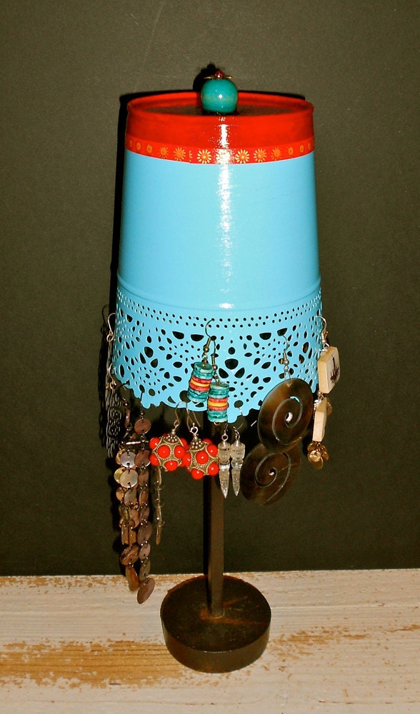 Unique Earring Stand, Turquoise And Red, Re Purposed Metal Objects