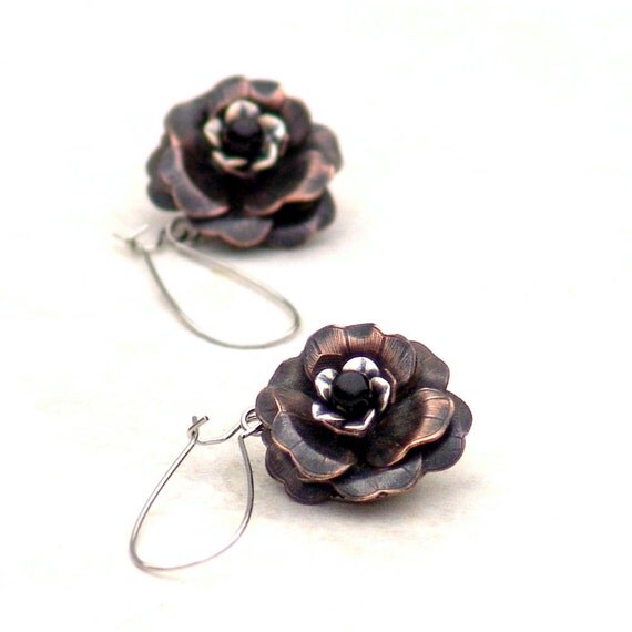 Rusty Black Metal Flower Earrings Long by Catherine Jeltes from etsy.com