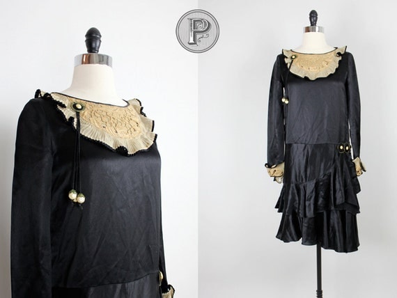 1920s dress small / late 20s flapper dress black ivory : Marlena