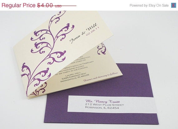 SAMPLE SALE Custom Trifold Wedding Invitation in Purple and Ivory 