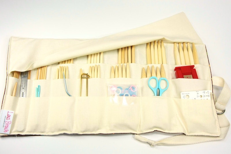 SHORT - dpns or Circular Knitting Needle Organizer Case - Belle Rose - 24 natural cotton pockets - Art Tool Case