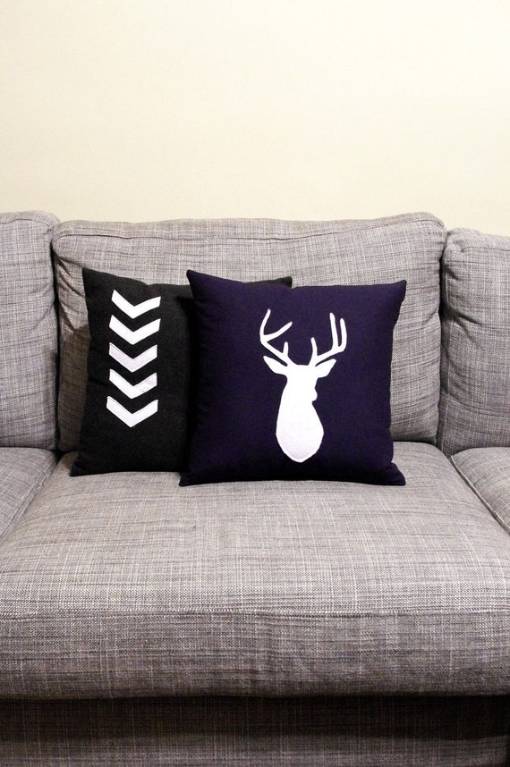 Navy & White decorative Pillow Cushion  - Deer Head Buck 14X14