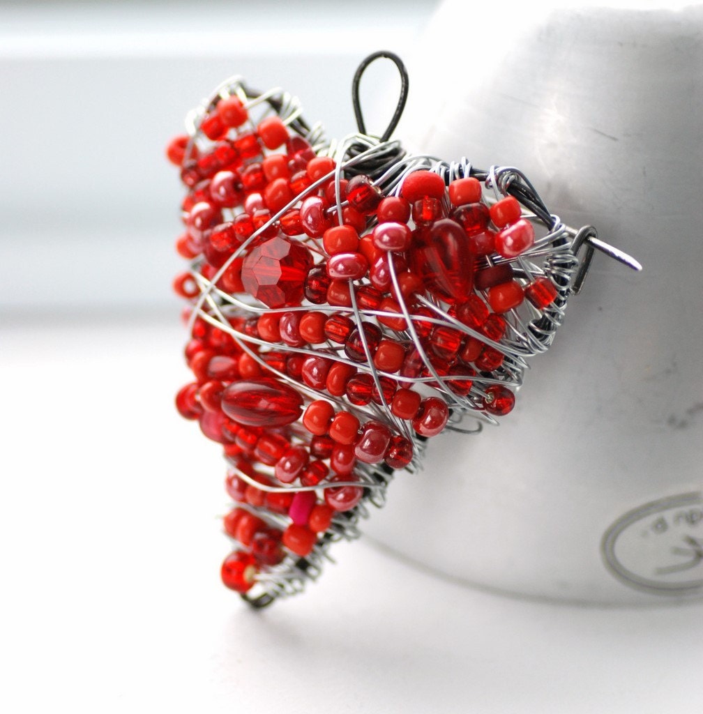 Red Heart Brooch, Heart Health Awareness, Wire Beaded Heart Pin Sterling Silver - Heartbeat