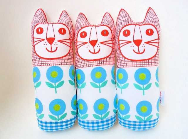 Retro Scandi style blue flower toy cat plush softie by Jane Foster