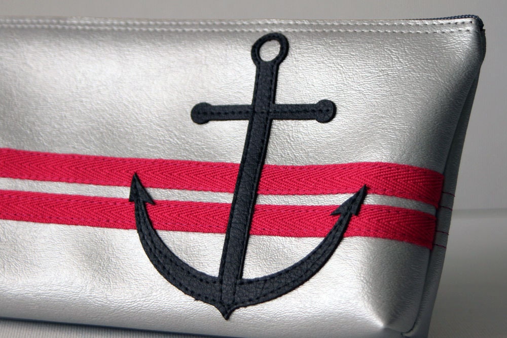 silver nautical clutch - black anchor & hot pink stripes on metallic silver : "ginger or mary ann"