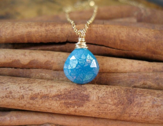 Mystic Teal Chalcedony, Gold Necklace
