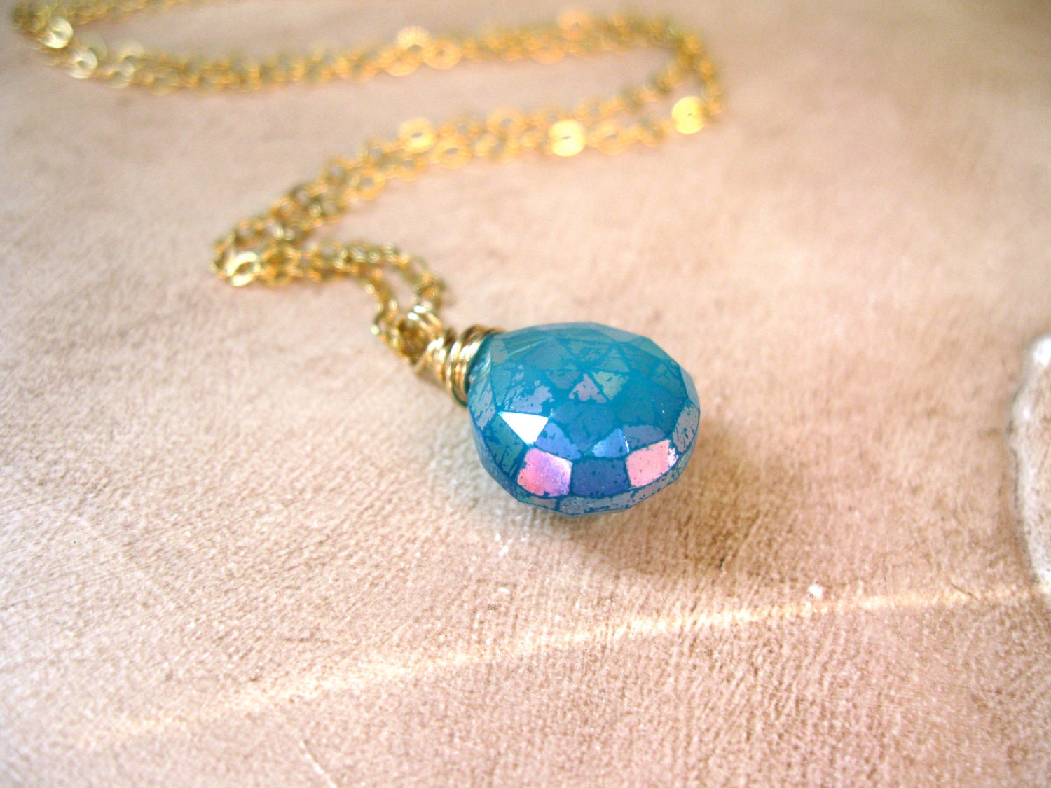 Mystic Teal Chalcedony, Gold Necklace