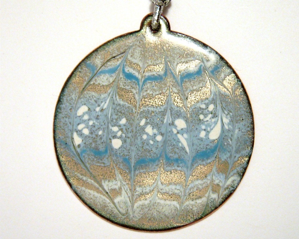 Copper enamel tree ornament - blue and white snow ball - Happy Holidays