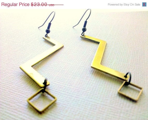 ON SALE Geometric Zig Zag Brass Earrings