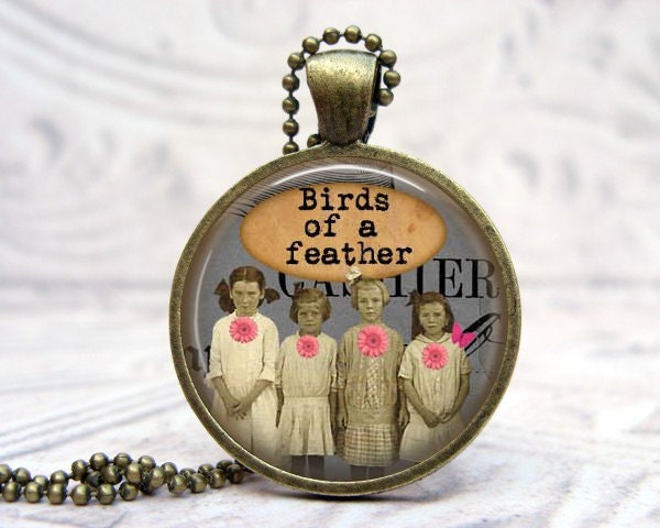 Vintage Picture Necklace - Glass Dome Pendant - Vintage Bronze - Birds of a Feather
