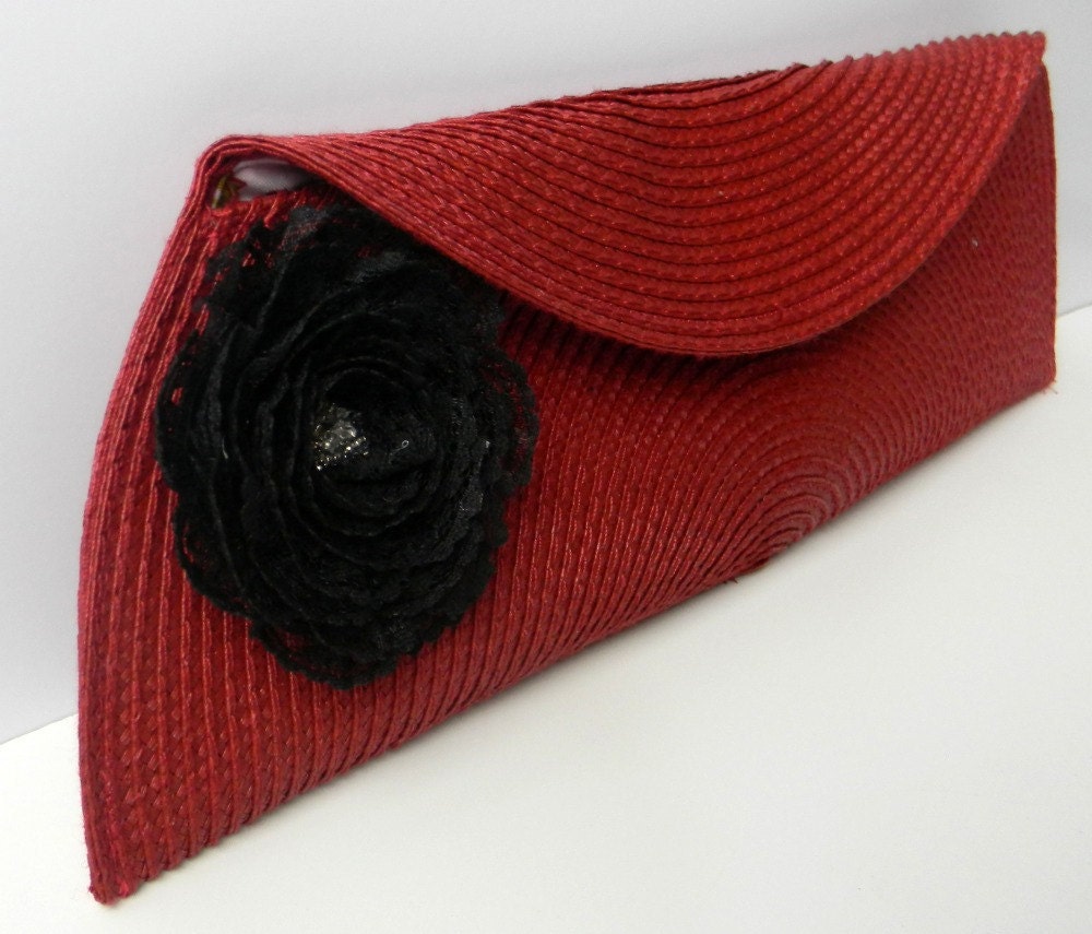 Ruby Red Placemat Clutch with black lace rosette detail