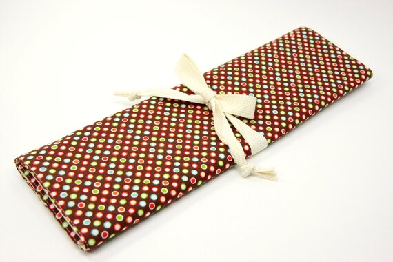Knitting Needle Case Organizer - FUNKY DOTS - 30 natural pockets for all sizes, circular, straight, dpn, or paint brushes
