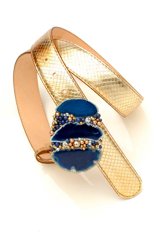 Jeweled belt buckle in ocean blue agate and lapis lazuli beads with precious gold python skin belt