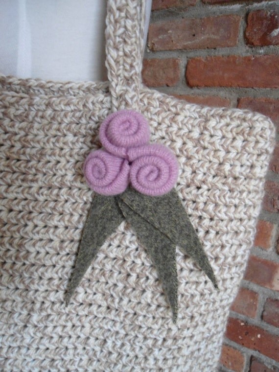 Cozy Tote Bag with Felted Flower Brooch - Crocheted Carry All Handbag Purse